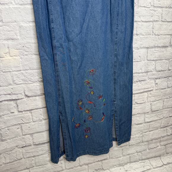 Vintage AP Collection Denim Jumper Dress Size 1X Sleeveless Leaves Embroidered - Picture 2 of 5